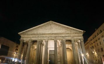 View of the Parthenon at night.