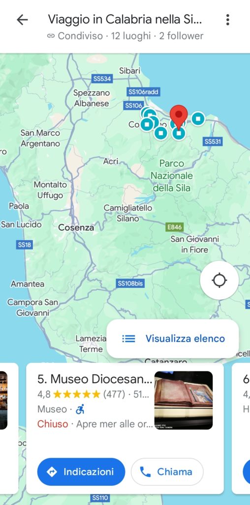 Elenco Google Maps Viaggio nella Calabria Sibaritide a Corigliano Rossano