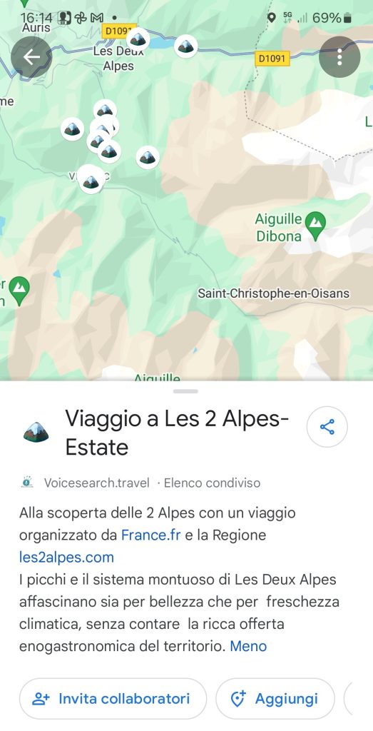 Elenco di Voicesearch.travel "Viaggio alle 2 Alpes - Estate" su Google Maps