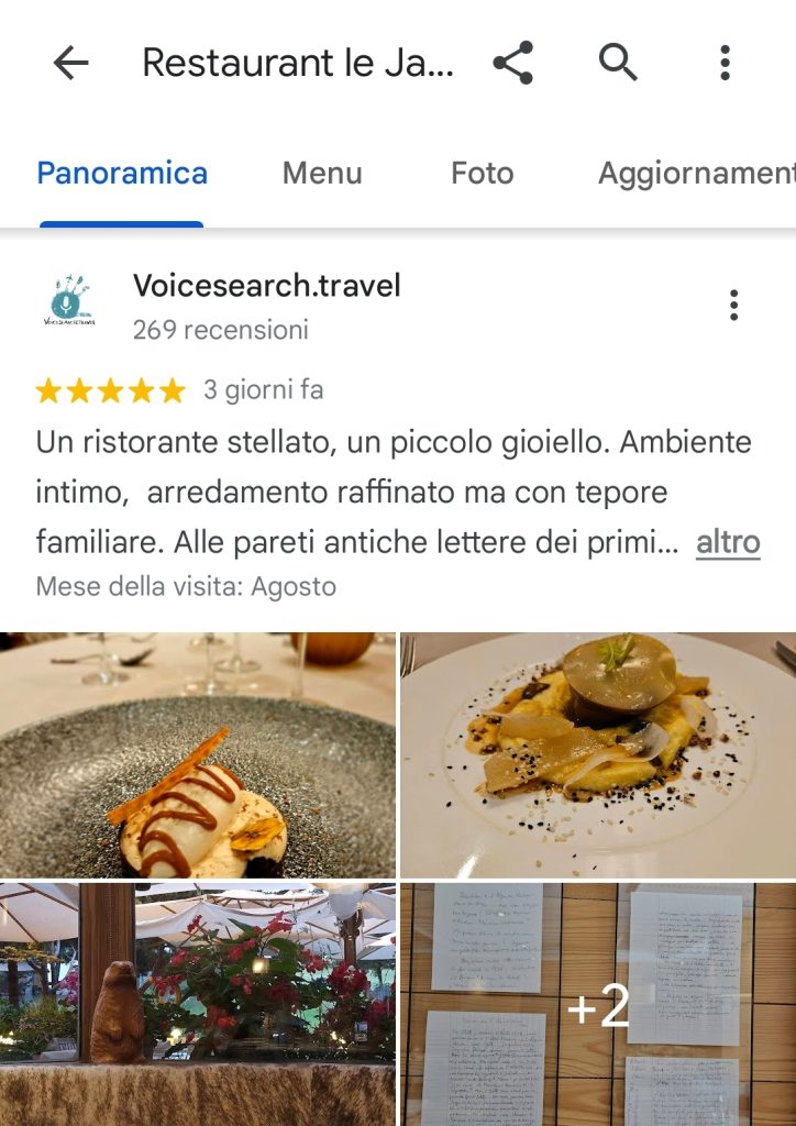 Recensione su Google Maps del ristorante Le jardin dell' Hotel Chalet Mounier, 2Alpes